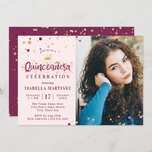 Burgundy & Gold Confetti Quinceañera with Picture Invitation
