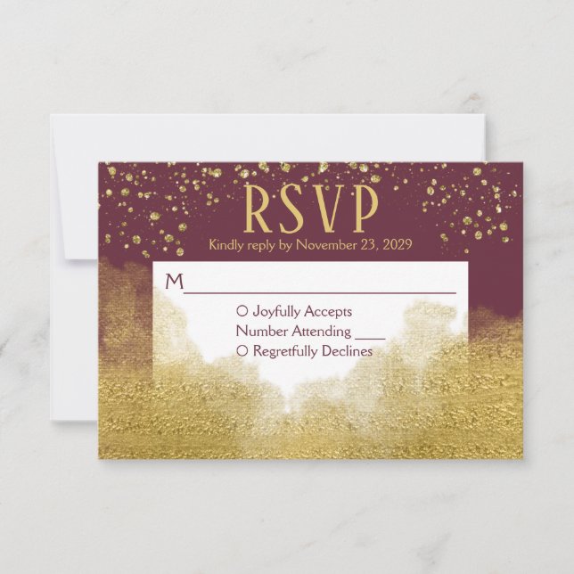 Burgundy Gold Confetti RSVP Wedding Response (Front)
