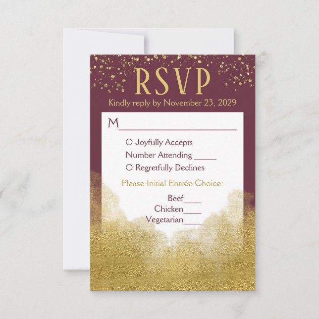 Burgundy Gold Confetti RSVP Wedding Response Meal (Front)