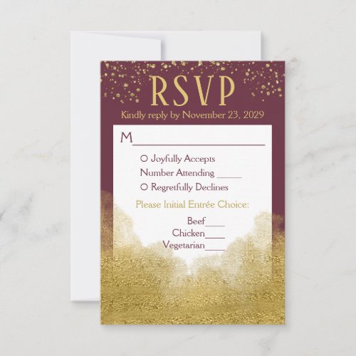Burgundy Gold Confetti RSVP Wedding Response Meal