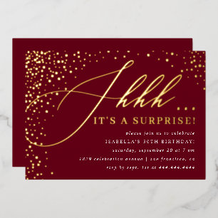Burgundy & Gold Confetti Script Surprise Party Foil Invitation