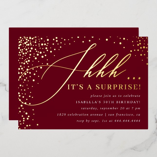 Burgundy & Gold Confetti Script Surprise Party Foil Invitation (Front/Back)