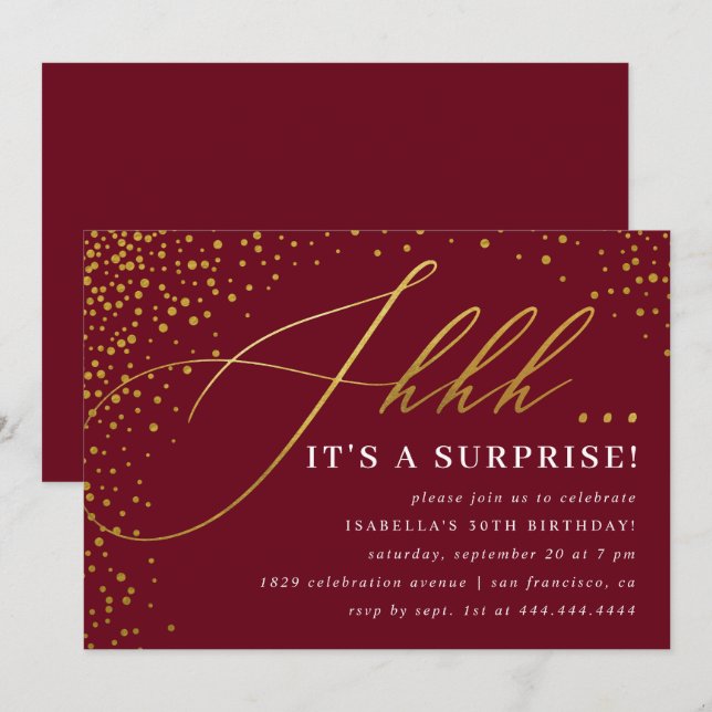 Burgundy & Gold Confetti Script Surprise Party Invitation (Front/Back)