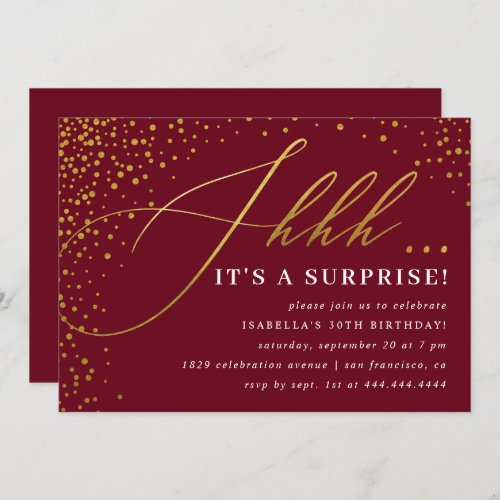 Burgundy  Gold Confetti Script Surprise Party Invitation