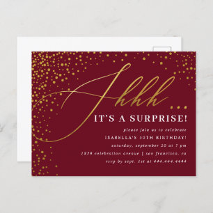 Burgundy & Gold Confetti Script Surprise Party Invitation Postcard