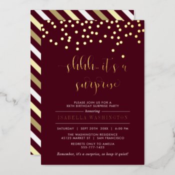 Burgundy & Gold Confetti Surprise Birthday Party Foil Invitation by Eugene_Designs at Zazzle