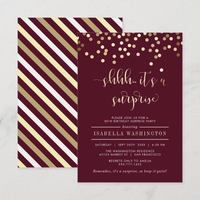 Burgundy & Gold Confetti Surprise Birthday Party Invitation (Front/Back)