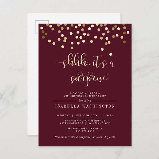 Burgundy & Gold Confetti Surprise Birthday Party Invitation Postcard (Front/Back)