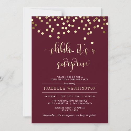 Burgundy  Gold Confetti Surprise Birthday Party Magnetic Invitation