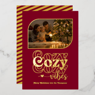 Burgundy & Gold Cozy Vibes Retro Christmas Photo Foil Holiday Card