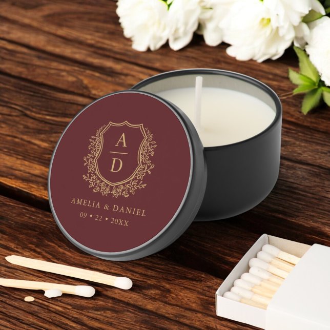 Burgundy Gold Crest Modern Monogram Wedding  Mini Candle Favors (Creator Uploaded)