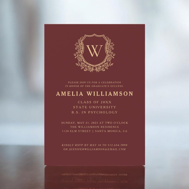 Burgundy Gold Crest Monogram Graduation Party Invitation (Creator Uploaded)