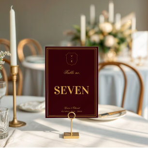 Burgundy Gold Crest Monogram Wedding Table Number