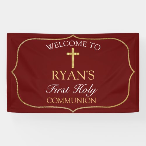 Burgundy Gold Cross 1st Holy Communion Welcome Banner