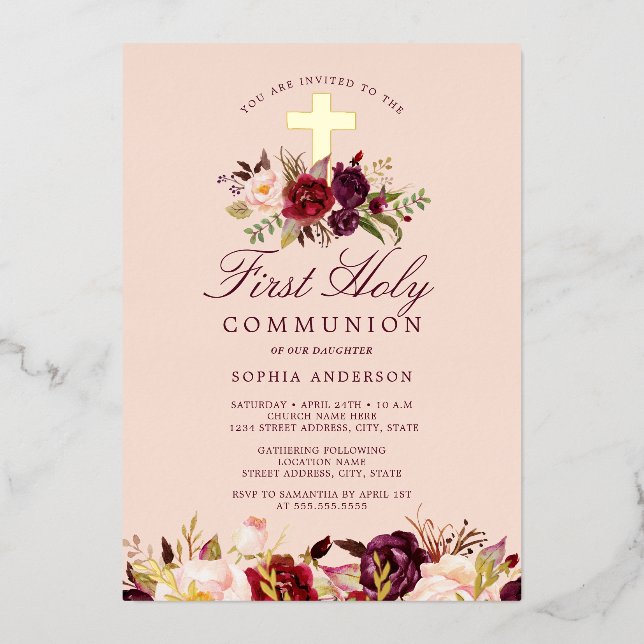 Burgundy Gold Cross Girls First Communion  Foil Invitation (Front)