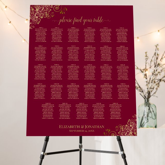 Burgundy & Gold Curls 29 Table Fancy Seating Chart Foam Board (In Situ (Stand))