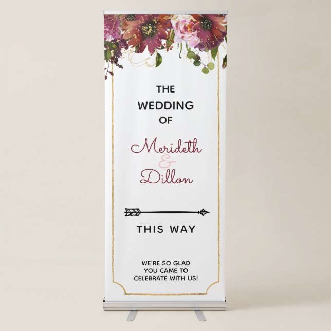 Burgundy Gold Custom Event Wedding Directional Retractable Banner (Front)