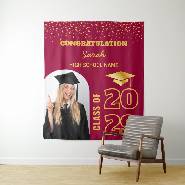 Burgundy & Gold Custom Graduation Backdrop & Photo (In Situ)