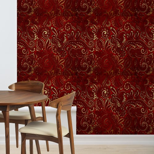 Burgundy Gold Damask Paisley  Wallpaper