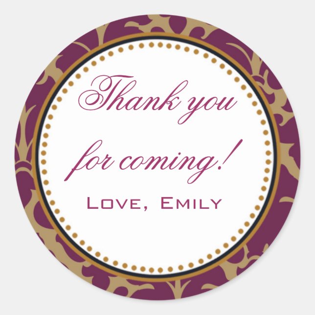 Burgundy Gold Damask Thank You Sticker Round Label (Front)