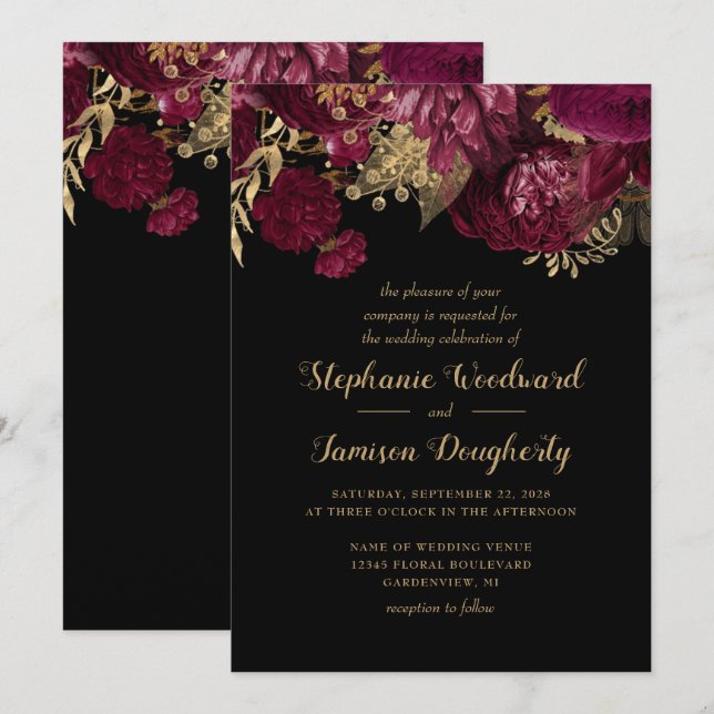 Burgundy Gold Dark Floral Wedding Invitation (Front/Back)
