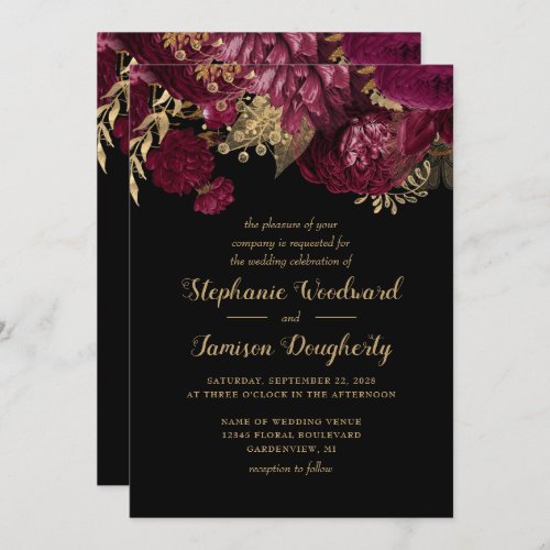 Burgundy Gold Dark Floral Wedding Invitation