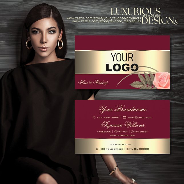 Burgundy Gold Decor and Cute Rose Flower with Logo Business Card (Creator Uploaded)