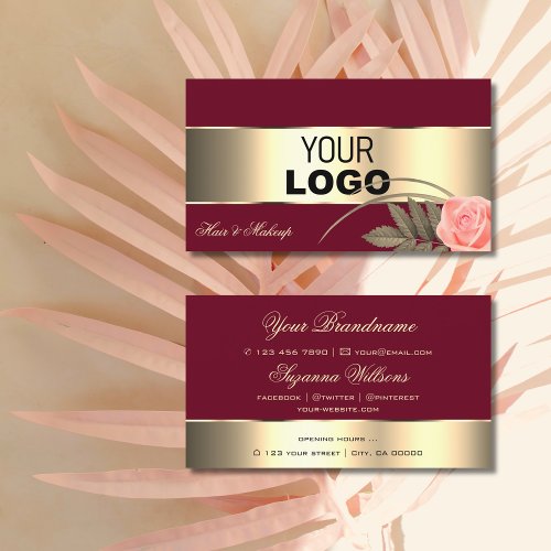 Burgundy Gold Decor and Cute Rose Flower with Logo Business Card
