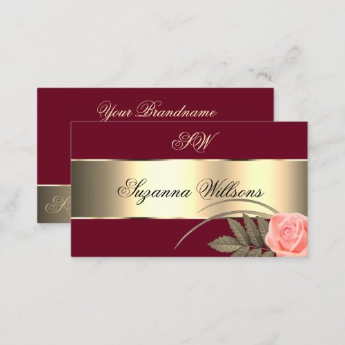 Burgundy Gold Decor Cute Rose Flower with Initials Business Card