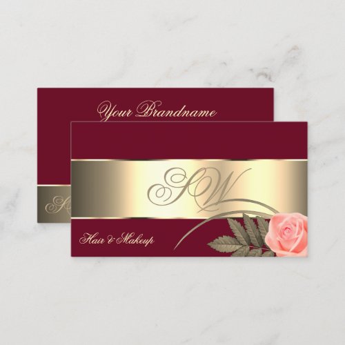 Burgundy Gold Decor Cute Rose Flower with Monogram Business Card