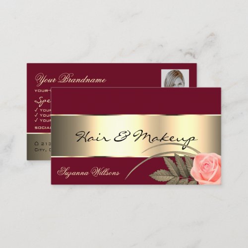 Burgundy Gold Decor Cute Rose Flower with Photo Business Card