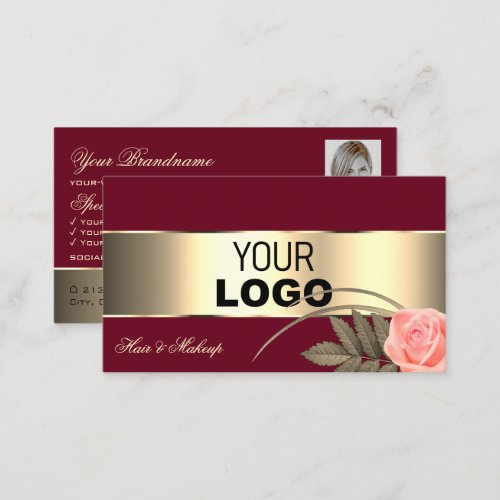 Burgundy Gold Decor Rose Flower with Logo Photo Business Card