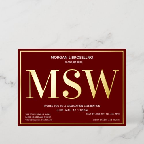 Burgundy Gold Degree MSW Graduation Foil Invitation