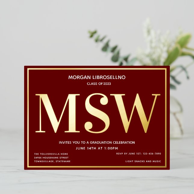 Burgundy Gold Degree MSW Graduation Foil Invitation (Standing Front)