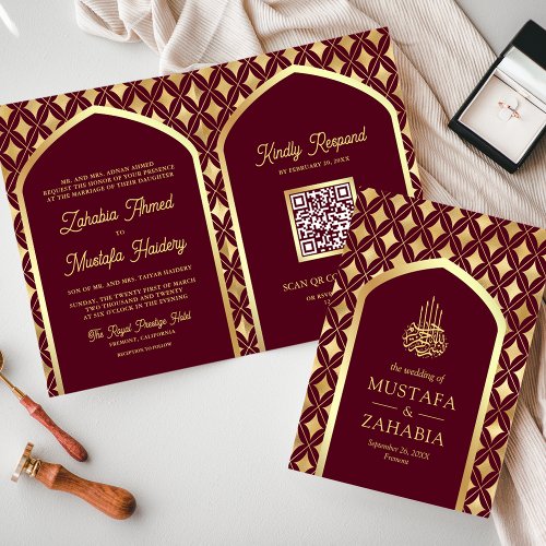 Burgundy Gold Diamonds Arch QR Code Muslim Wedding Invitation