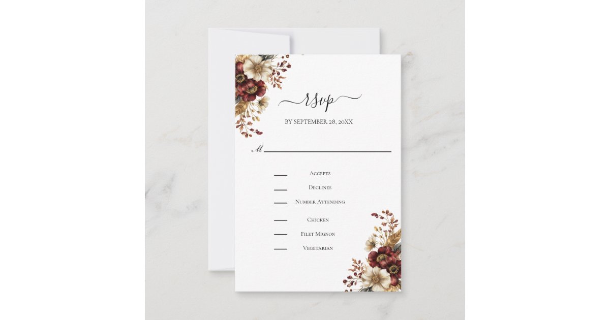 Entee Card Burgundy Gold Dinner Entrée Wedding RSVP Card | Zazzle