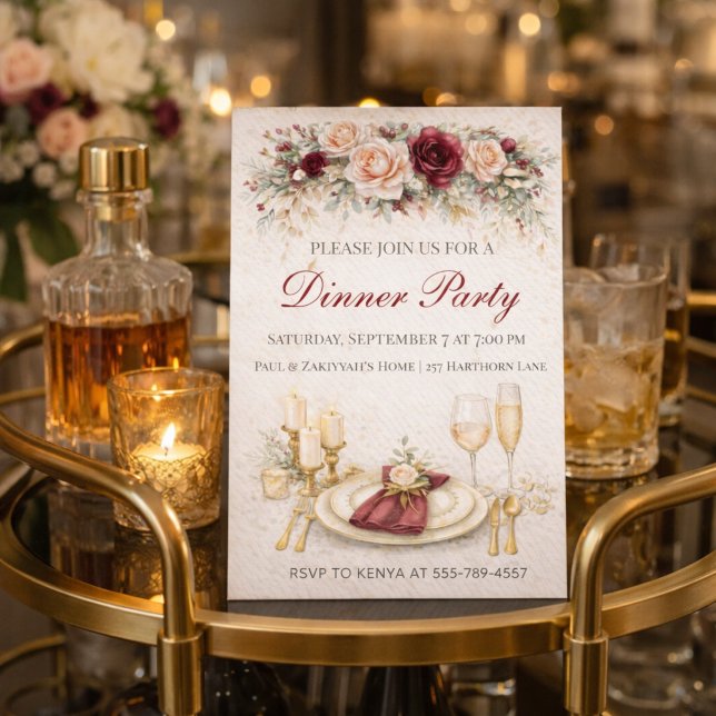 Burgundy Gold Dinner Party Invitation (Burgundy and gold dinner setting with candlelight table and floral detail)