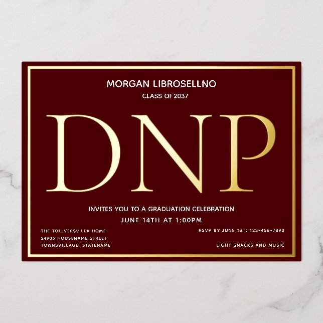 Burgundy Gold DNP Graduation Foil Invitation (Front)