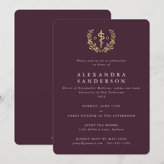 Burgundy/Gold Doctor of Osteopathic Medicine Invitation (Front/Back)
