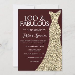 Burgundy Gold Dress 100 & Fabulous 100th Birthday Invitation