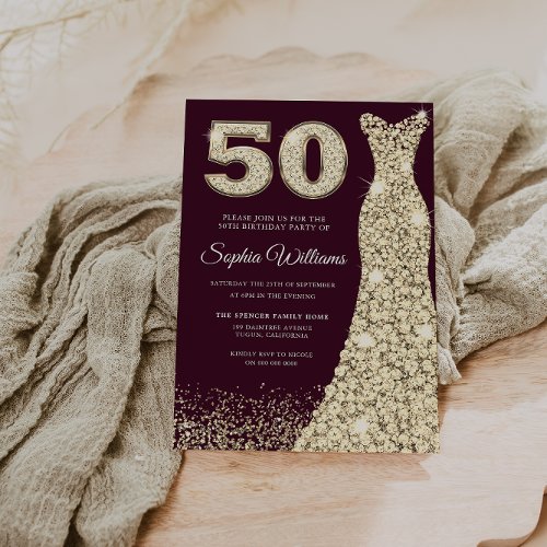 Burgundy  Gold Dress 50th Birthday Party  Invitation