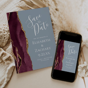 Burgundy Gold Dusty Blue Photo Save the Date Invitation