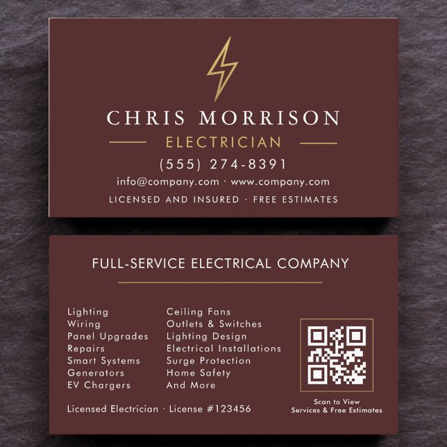 Burgundy Gold Electrician QR Code Modern Business Card (Creator Uploaded)