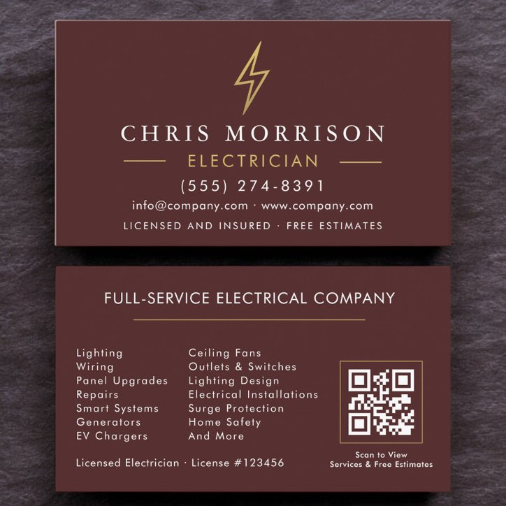 Burgundy Gold Electrician QR Code Modern Business Card