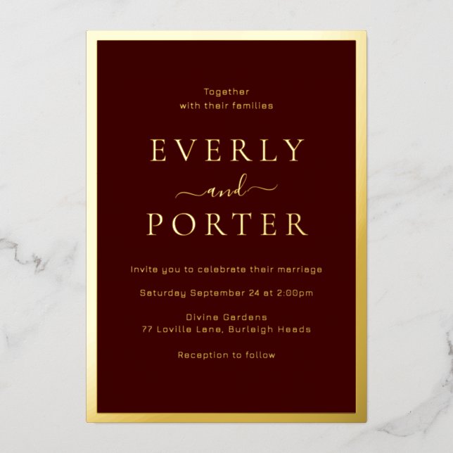 Burgundy & Gold Elegance Wedding Golden Foil Invitation (Front)