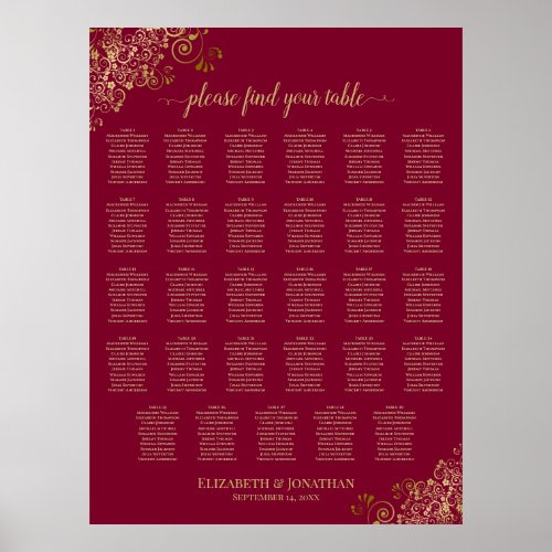 Burgundy & Gold Elegant 29 Table Seating Chart
