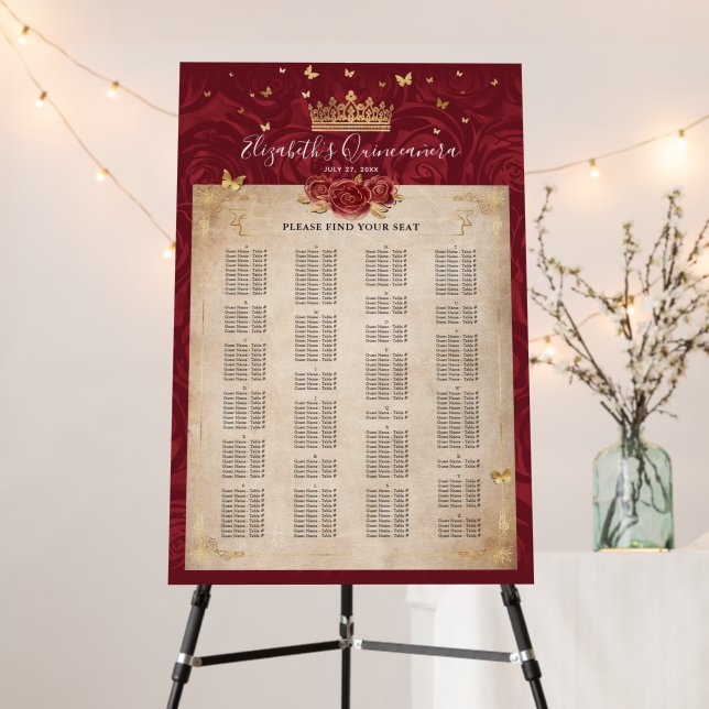 Burgundy Gold Elegant Alphabetical Seating Chart Foam Board (In Situ (Stand))