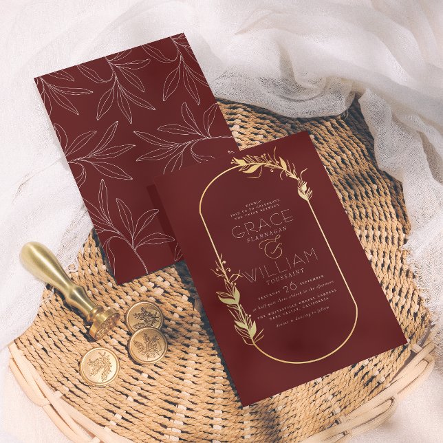 Burgundy & Gold Elegant Botanical Frame Wedding Invitation (Creator Uploaded)