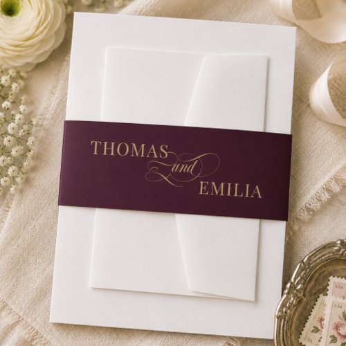 Burgundy Gold Elegant Calligraphy Wedding Invitation Belly Band
