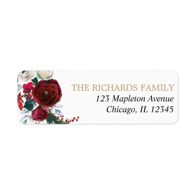 Burgundy gold elegant Christmas floral Label (Front)